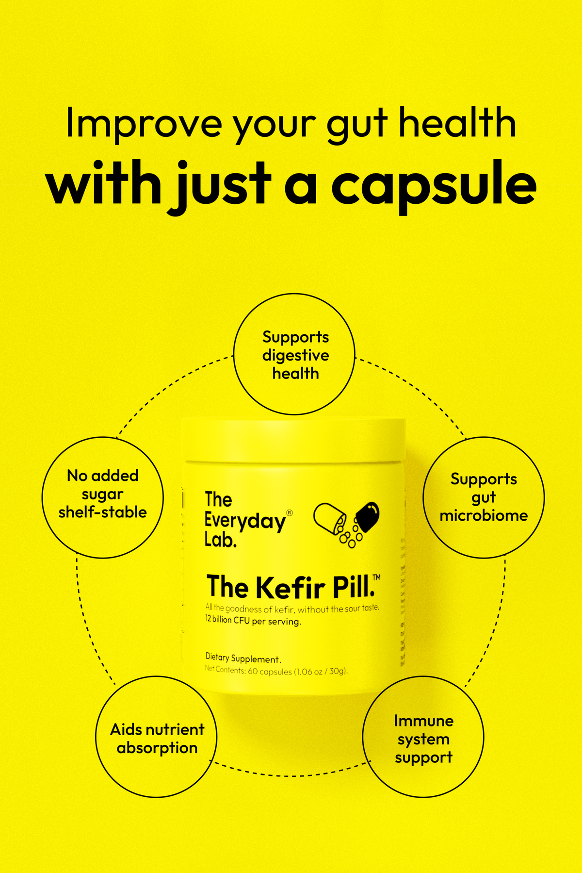 Bottle of The Everyday Lab delayed-release probiotic kefir capsules for gut health and immunity