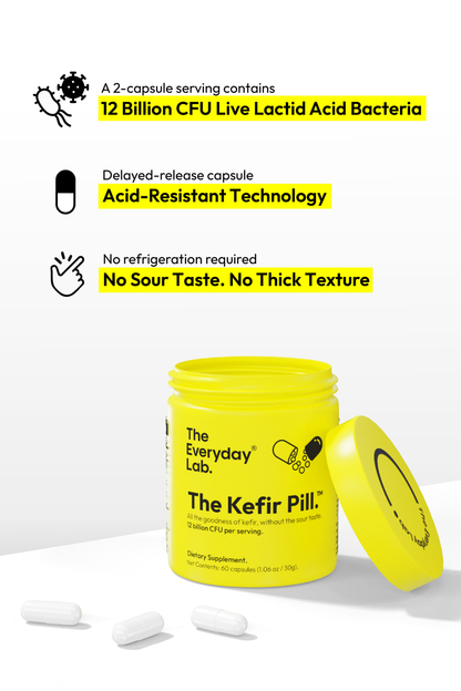 Bottle of The Everyday Lab Probiotic Kefir Capsules, delayed-release for gut health and immunity support