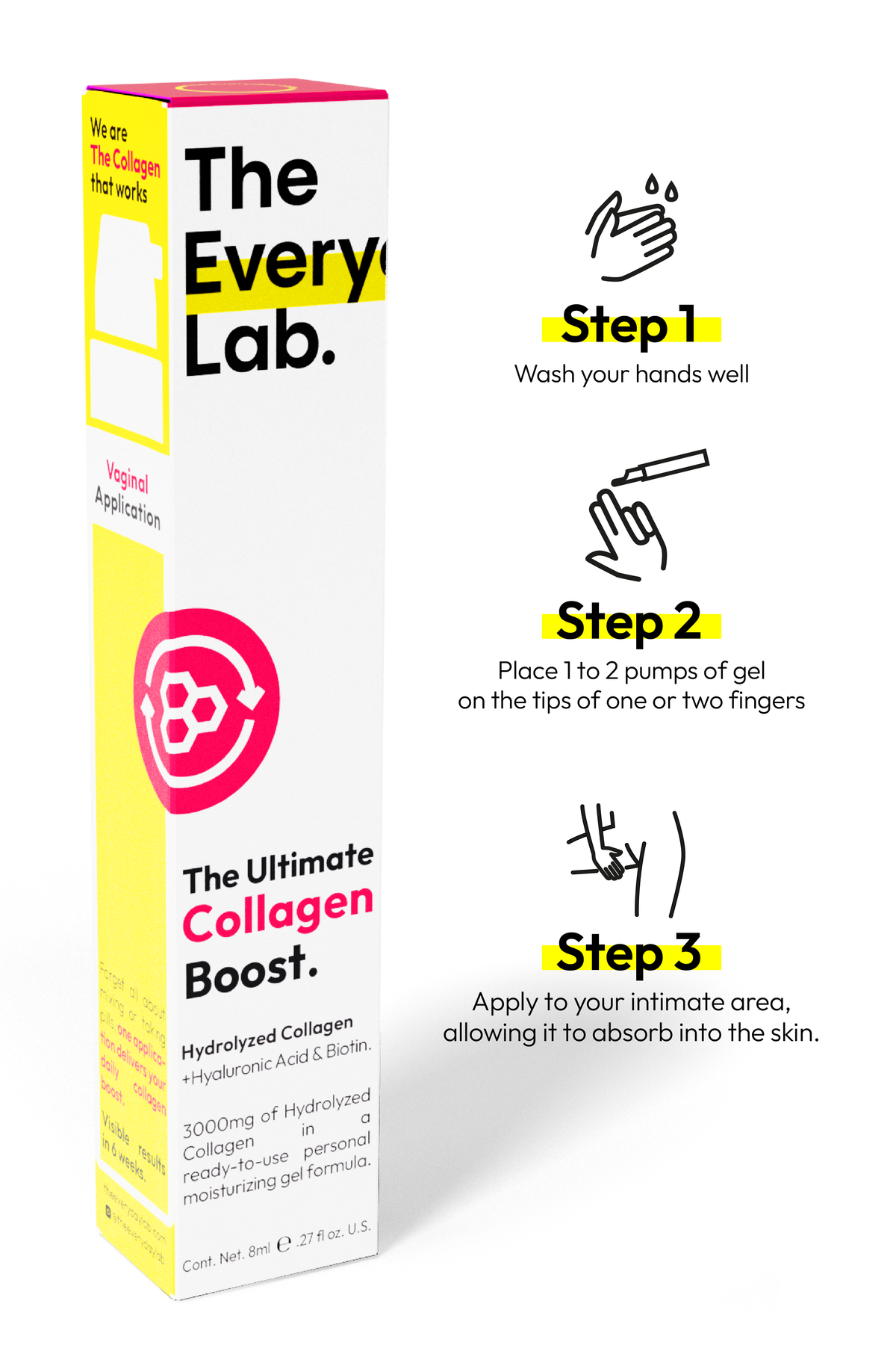 The Everyday Lab Ultimate Collagen Boost vaginal collagen gel with hydrolyzed collagen, hyaluronic acid, and biotin in a pump bottle for mucosal absorption
