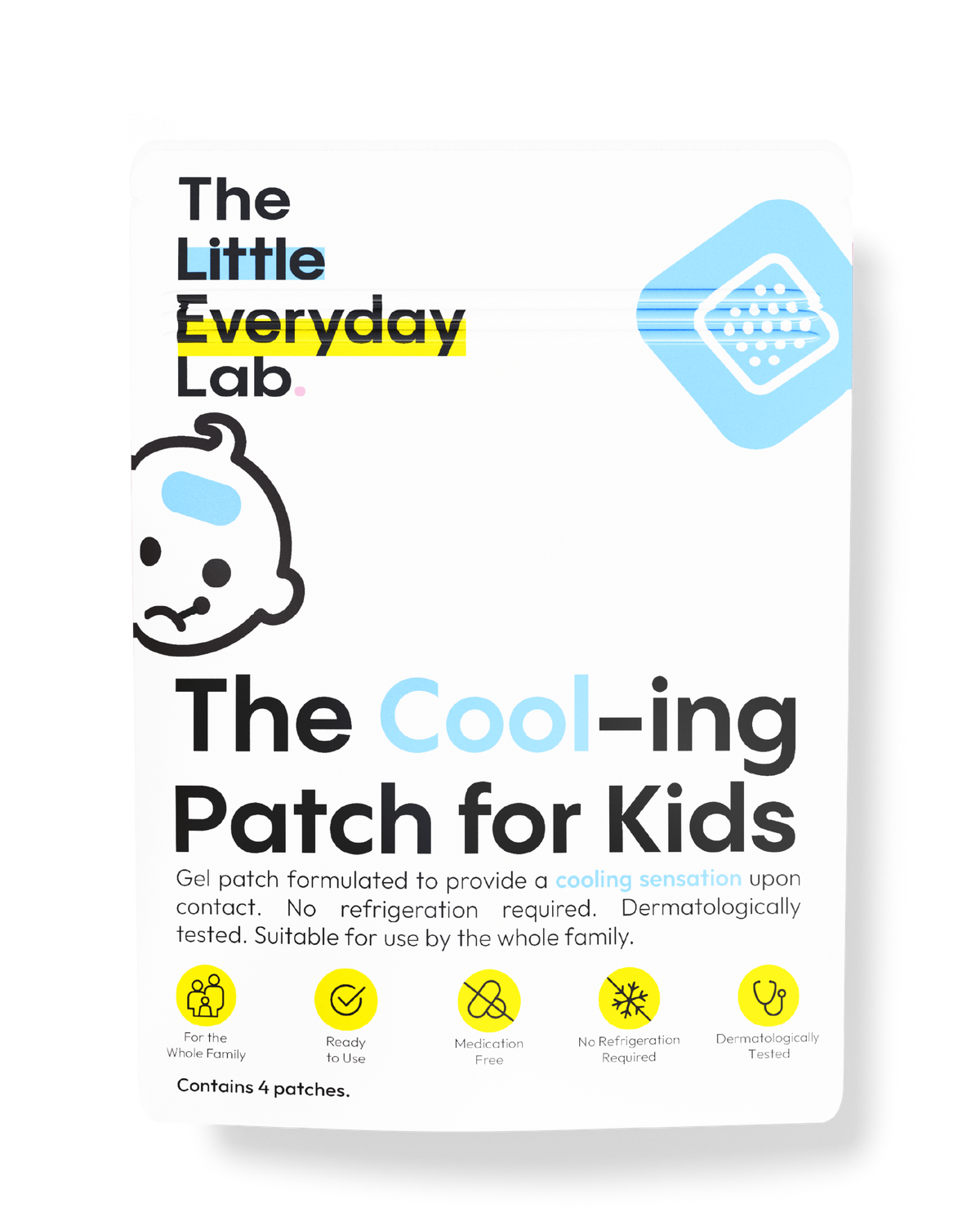 Child wearing The Everyday Lab Cool-ing Patch for Kids on the forehead to cool and soothe