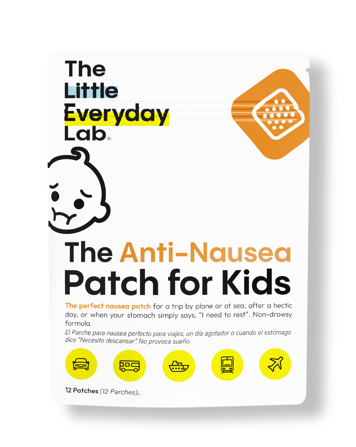 The Everyday Lab anti-nausea motion sickness patch for kids behind the ear on child’s skin