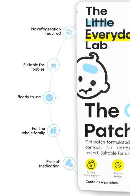 Child wearing an Everyday Lab Cool-ing Patch for Kids on the forehead to cool on contact