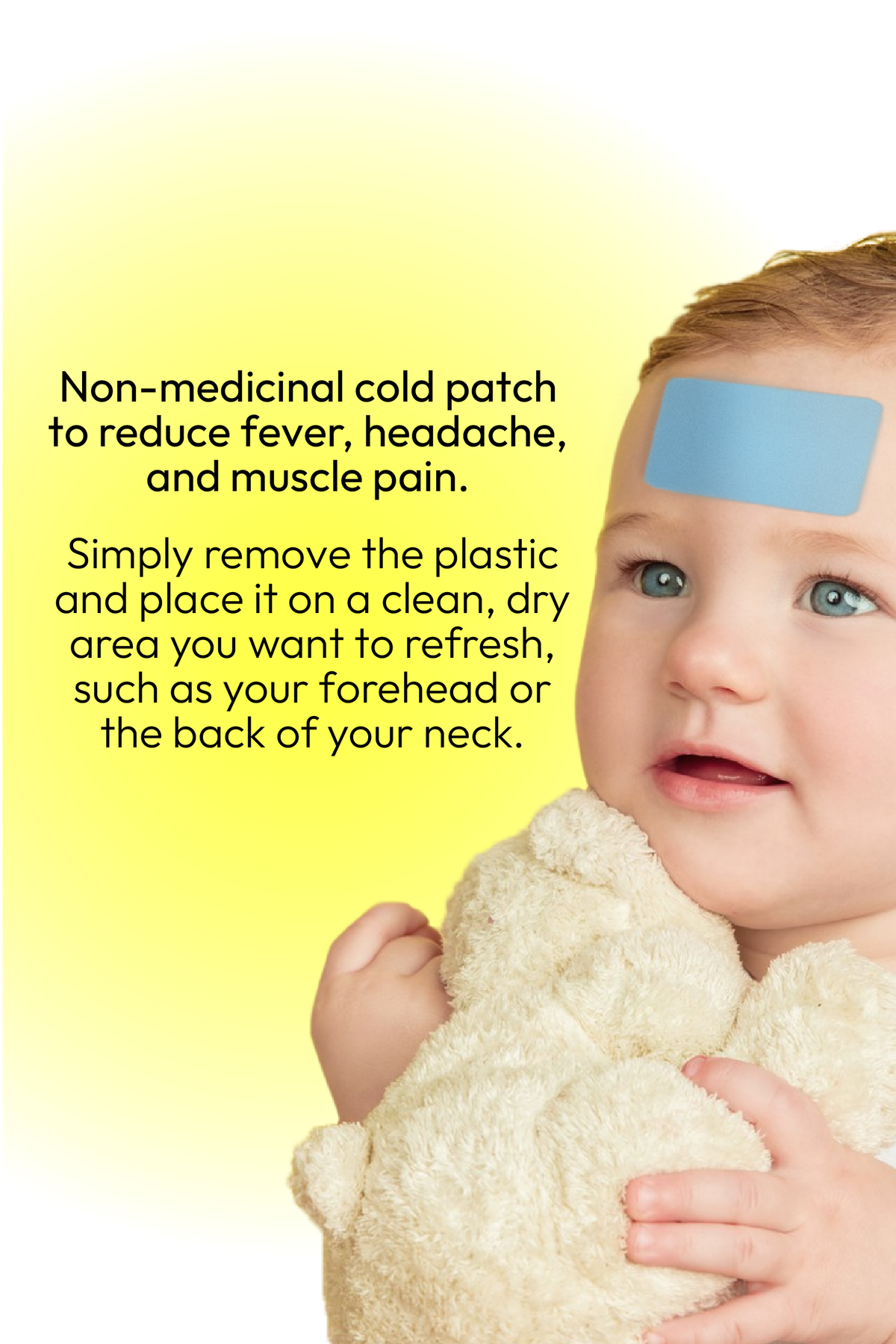 Child wearing an Everyday Lab Cool-ing Patch for Kids on the forehead for a cooling sensation